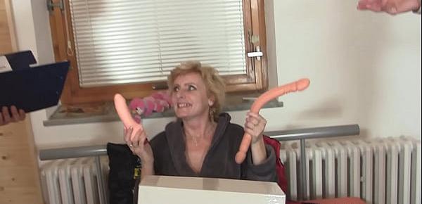  Delivery men share old blonde mature woman